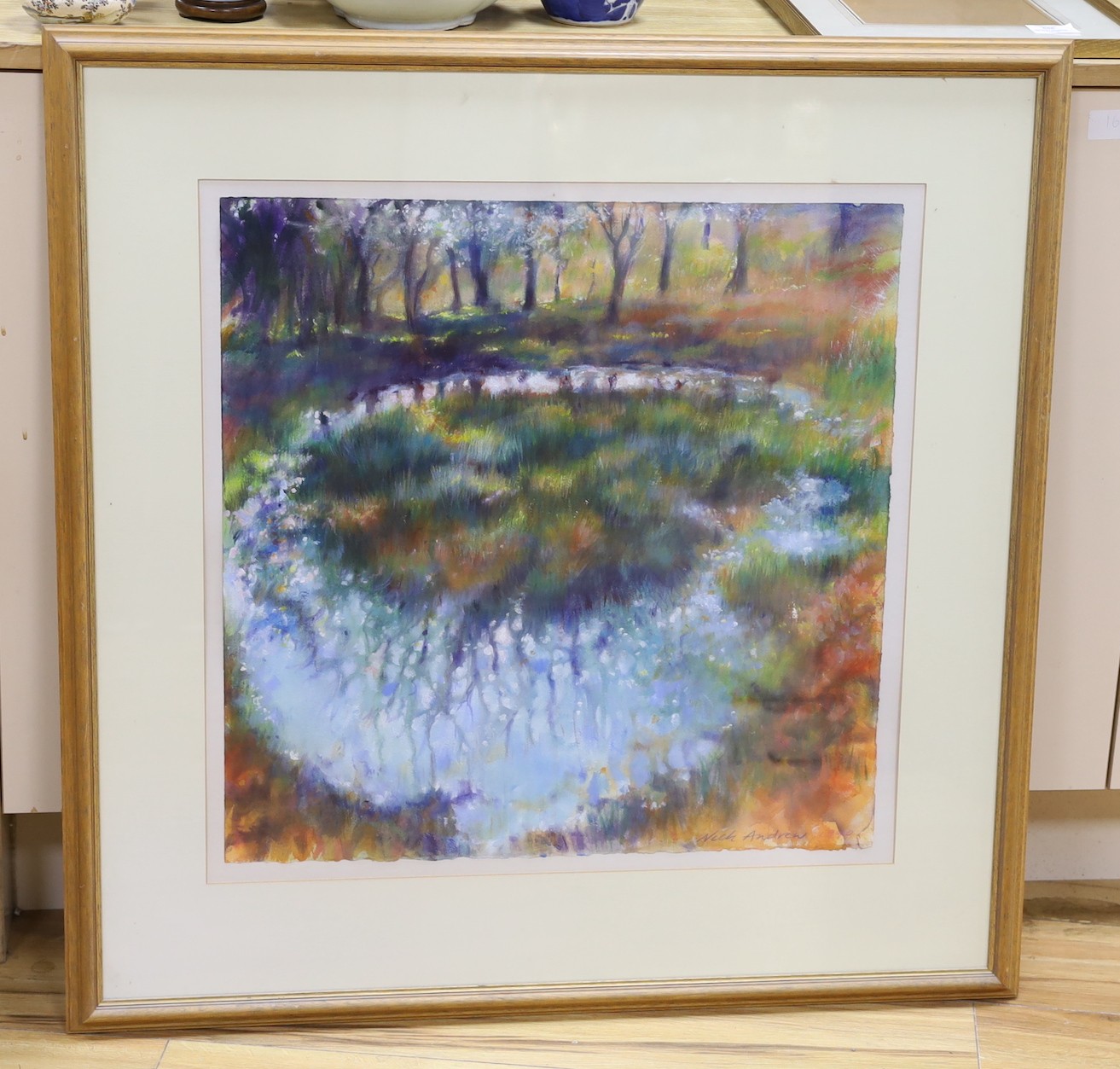 Nick Andrew (b.1957), acrylic on paper, 'Moon Pond', signed, with Unicorn Gallery label verso and dated 1990, 56 x 56cm